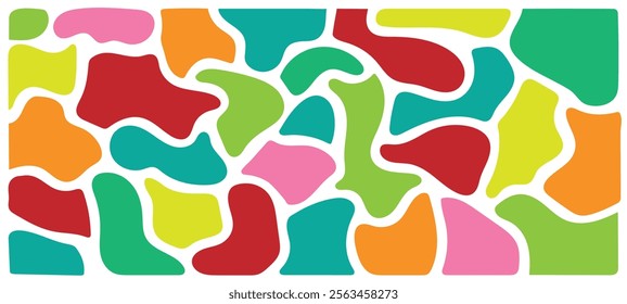 Colorful liquid blobs background. Doodle organic shapes on beige backdrop. Liquid abstract organic blob shapes background set. Childish colorful vector. Abstract organic blob shapes