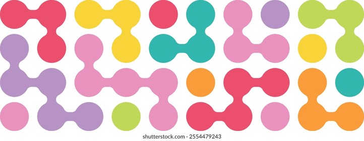 Colorful liquid connected circle dots. Circle connect dot pattern. Abstract geometric shapes collection. Organic blobs circle connect dot pattern isolated. Connected circles shape, background vector