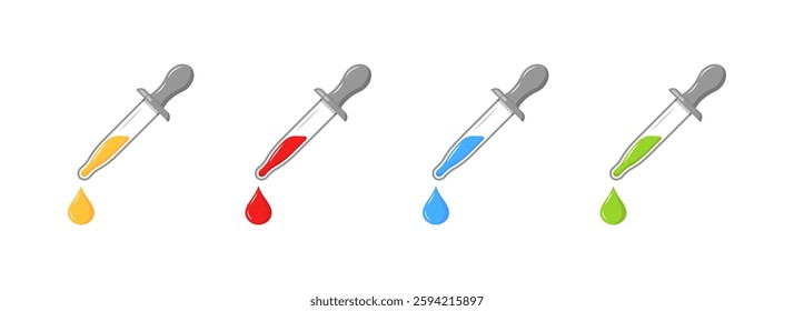 Colorful liquid droppers: yellow, red, blue, green droplets illustration. Vector icon