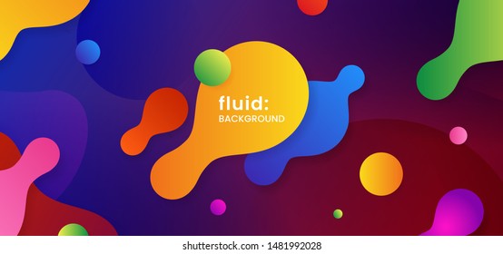 Colorful liquid dynamic shape abstract background. Creative fluid on dark purple blue gradient banner template. water bubble vector illustration concept design.