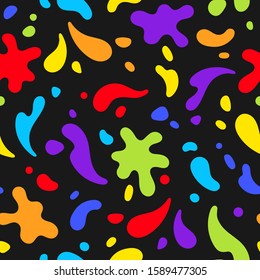 Colorful liquid, fluid, flux, flowing shapes seamless repeat geometric vector pattern. Pop art colors, paint splash artistic blobs, blots, splatter abstract creative dynamic trendy background, texture