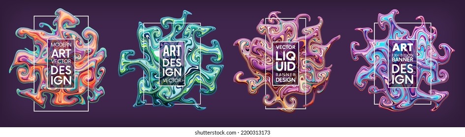 Colorful liquid paint abstract banners set. Mixture of acrylic paints. Dynamic fluid ink design. Art exhibition banner. Invitation to modern exposition or art cafe. Vector illustration