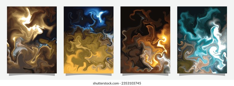 Colorful liquid paint background template set. Abstract fluid color backdrop design. Dynamic contemporary art graphic element for poster, banner, flyer, magazine, or landing page.