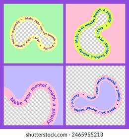 Colorful liquid trendy frame for foto with mindfulness text. Y2k bubble shapes. Modern template for social media. View through abstract forms. Colorful Borders. Pastel colors. Vector illustration