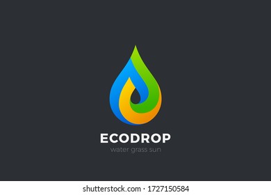 Colorful Liquid Water Droplet Drop Eco Logo design vector template. Ecology Aqua Grass Sun Logotype concept icon.