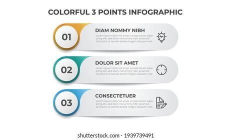 Colorful list diagram with 3 points of steps, infographic element template vector.