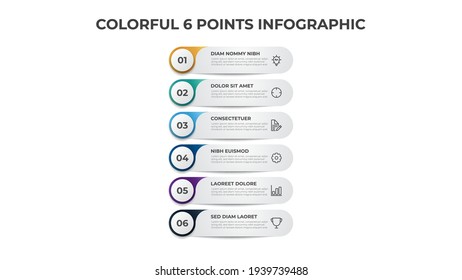 Farbiges Listendiagramm mit 6 Stufen, Vorlage für Infografiken.