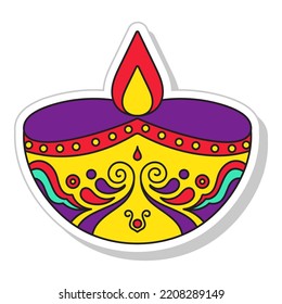 Colorful Lit Floral Diya (Oil Lamp) Icon In Sticker Style.