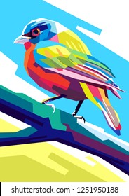colorful little birds, with modern pop art styles, blue and white backgrounds.