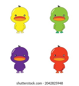 Colorful little ducks vector as cute cartoon characters in various colors on a white background.