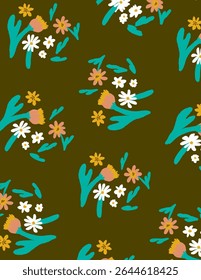 Colorful little flowers and leaves pattern on green background, illustrations vector, aesthetic for wallpaper, wall decor, templates covers, art prints. Aesthetic