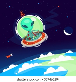 Colorful little green alien with big head flying his spaceship in Earth atmosphere. 