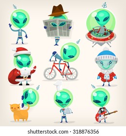 Colorful little green aliens with huge heads under disguise mastering earth traditions and doing it wrong. Isolated vector cartoons