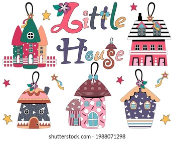 Colorful little houses designed for cards, gifts, decorations, ornaments, t-shirt designs, digital paper, printed fabrics, Christmas, kids art, covers, Christmas tree decorations, mug motifs and more.