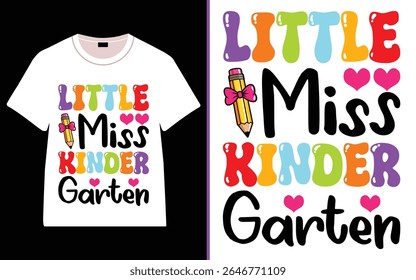 Colorful "Little Miss Kindergarten" Back-to-School T-Shirt Design, Back to School Cartoon Illustration – Happy Kids, Books, and School Supplies Vector