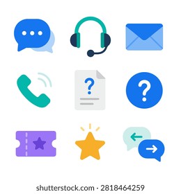 Colorful live support messaging and feedback icon collection featuring chat headset email phone faq file question ticket star and reply message isolated on white background