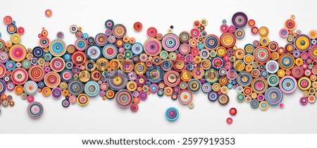 Colorful lively creative paper quilling art on white background. Creative handmade filigree paper craft hobby diy artwork. Vibrant composition created using the quilling technique. Vector illustration