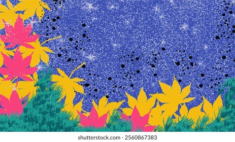 A colorful and lively digital illustration featuring bright yellow and pink maple leaves set against a rich blue starry sky, with glowing speckles and grassy green edges, ideal for decorative graphics