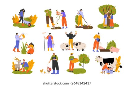 Ilustrações coloridas e vivas que retratam a vida da fazenda com jardinagem e vários animais