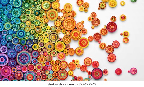 Colorful lively rainbow paper quilling art on white background. Creative handmade filigree paper craft hobby artwork. Vibrant faded composition created using quilling technique. Vector illustration