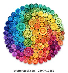 Colorful lively rainbow paper quilling art in circular shape. Creative handmade filigree paper craft hobby diy artwork. Vibrant circle banner created using the quilling technique. Vector illustration