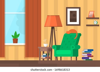 colorful living room with furniture. Template for background, poster, banner Flat style vector illustration.