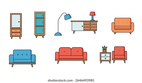 Colorful living room furniture vector design collection decorative elements home decor set