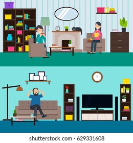 Colorful living room horizontal banners with people furniture and different variants of interior design vector illustration