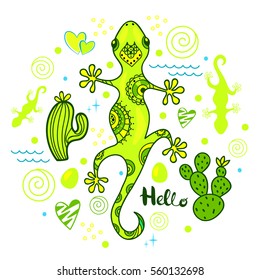 Colorful lizard illustration with cactus and heart for print.