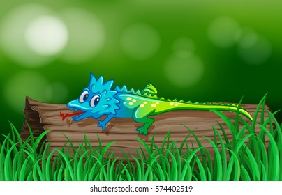 Colorful lizard on wooden log illustration