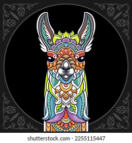 Colorful Llama head mandala arts isolated on black background