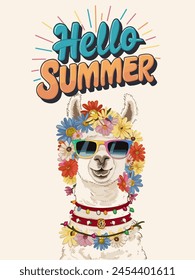 A colorful llama wearing sunglasses and flowers on its head with the words Hello summer written in a fun, playful font. Vector illustration for card, banner, nursery wall art.