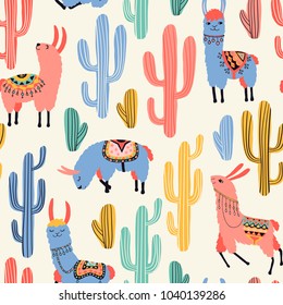 Colorful llamas and cacti on milky white background. Seamless pattern with lovely llamas, flowers and cactus in vector. 
