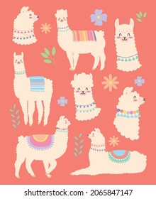 colorful llamas and flowers set