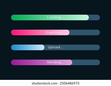 Colorful Loading Bar Set. Download and upload in process, System software update and upgrade technology concept ,flat vector design minimal elements for video games. isolated on blue background.