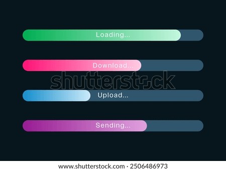 Colorful Loading Bar Set. Download and upload in process, System software update and upgrade technology concept ,flat vector design minimal elements for video games. isolated on blue background.