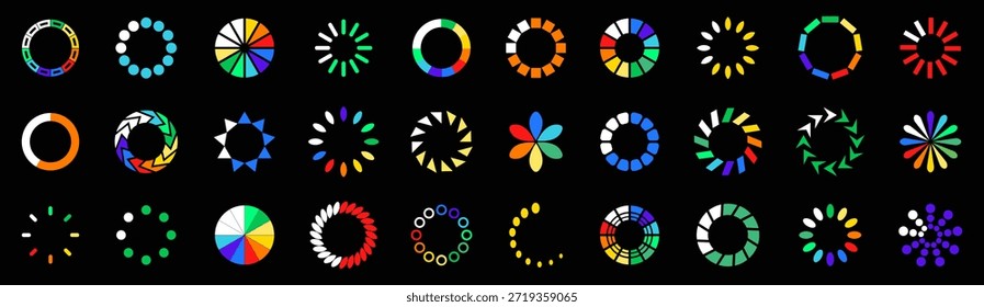 Fixação de giradores de carregamento coloridos e indicadores de progresso. Gráficos de pré-carregamento circular para sistemas de interface do usuário