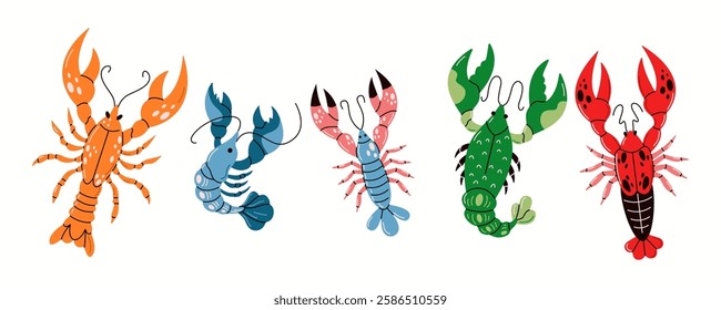 Colorful lobsters raising vibrant claws flat color vector icon set. Seafood scene filled with various marine animals pack on white background