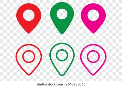 ícone de localização colorido definir mapa ponteiro símbolo de pino símbolo sólido e contorno projetos lugar endereço navegação localizador sinal vetor ilustração