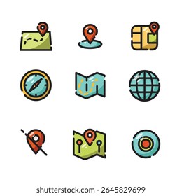 ícones coloridos de localização com mapas e uma bússola, adequados para sites de viagens, aplicativos de navegação e projetos relacionados a aventuras. Ideal para gráficos mapeados ou promoções de viagens.