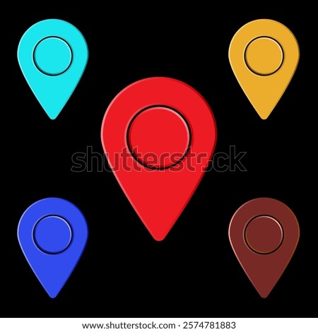 Colorful location icons. Red pin focus. Map marker shapes. Black background vector.