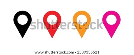 Colorful location pin icons representing GPS markers, map points, and navigation symbols. Ideal for maps, travel apps, GPS tools, and location-based user interfaces.