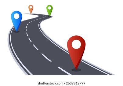 Colorful location pins marking the route along a winding road, representing navigation, journey planning, and the excitement of reaching new destinations and adventures