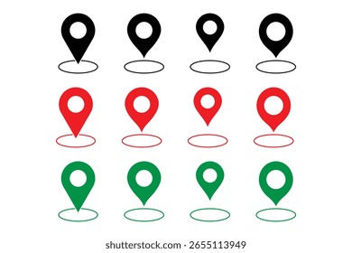 Colorful location pointer icon set with black red green pin marker for map navigation GPS tracking and route interface vector.