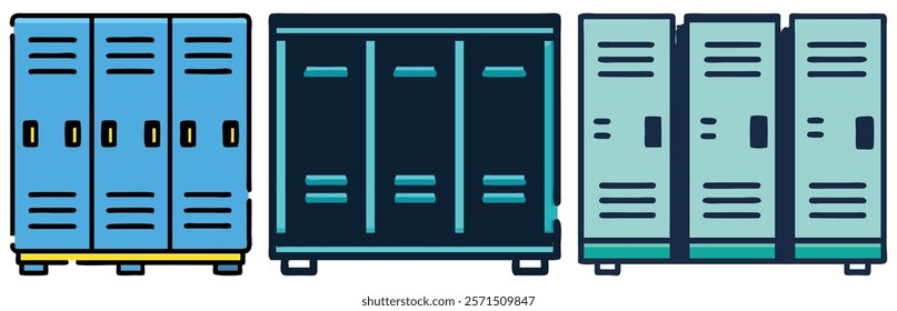 Colorful locker icon collection, A set of three colorful locker icons in different designs, ideal for school, gym, or storage themes, representing organization and security. 
