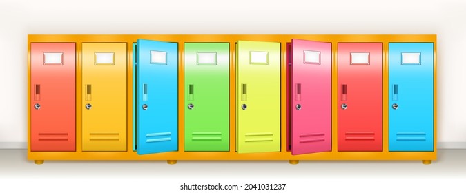 Colorful lockers, vector school or gym changing room metal cabinets. Row of multicolored storage with closed and open doors, keys and name plates in college or office hallway Realistic 3d illustration