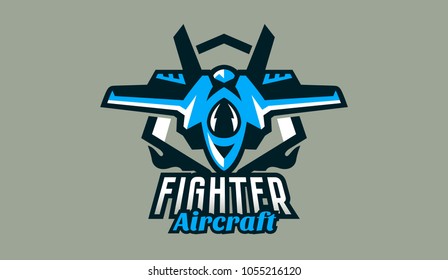 Colorful logo, badge, emblem of military fighter plane. Aircraft, air patrol, aviation, defenders of the sky, shield, lettering. Vector illustration