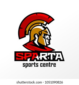 Colorful logo, badge, emblem of Spartan head and Corinthian helmet. Greek soldier, warrior, hero, shield, lettering. Identity for sports club, gym, vector illustration