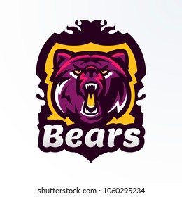 Colorful logo, badge, sticker, emblem of a growling bear. A dangerous beast, a forest predator, teeth. Shield, lettering, printing on T-shirts. Vector illustration