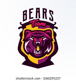 Colorful logo, badge, sticker, emblem of a growling bear. A dangerous beast, a forest predator, teeth. Shield, lettering, printing on T-shirts. Vector illustration